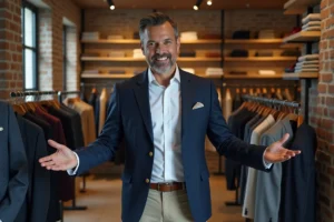 Consultant mode Aleph Zarro en blazer marine dans une boutique parisienne moderne, conseillant sur les tendances vestimentaires