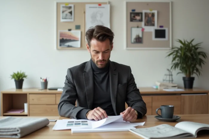 Styliste et consultant mode travaillant sur des tendances vestimentaires dans un bureau moderne avec des échantillons de tissu et un tableau d'inspiration