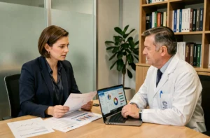 Consultante en santé et médecin discutant de la gestion d'un cabinet médical autour de tableaux de bord et documents analytiques