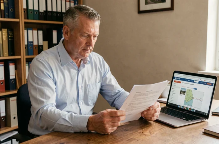 Homme consultant un document cadastral officiel pour identifier le propriétaire d'une parcelle