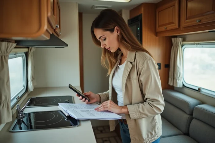 Femme consultant un livret technique à l'intérieur d'un mobil-home pour identifier son année de construction