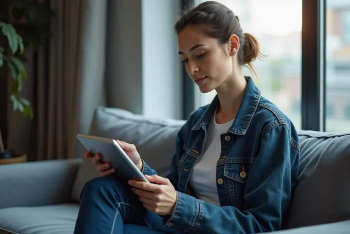 Femme contournant les restrictions internet sur une tablette depuis son salon en France