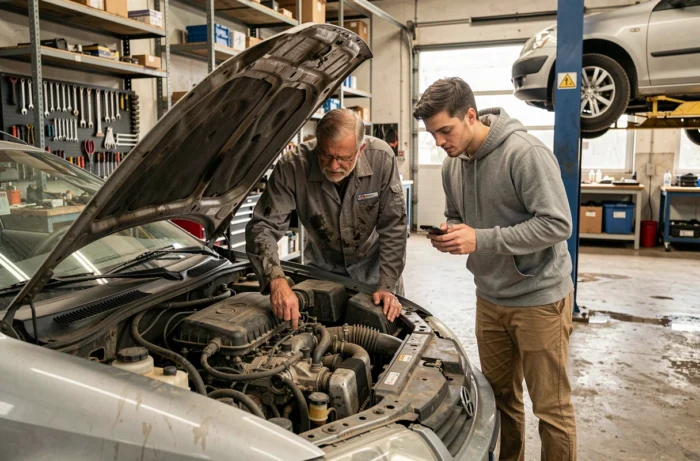 Mécanicien et acheteur examinant le moteur d'une voiture d'occasion dans un garage indépendant