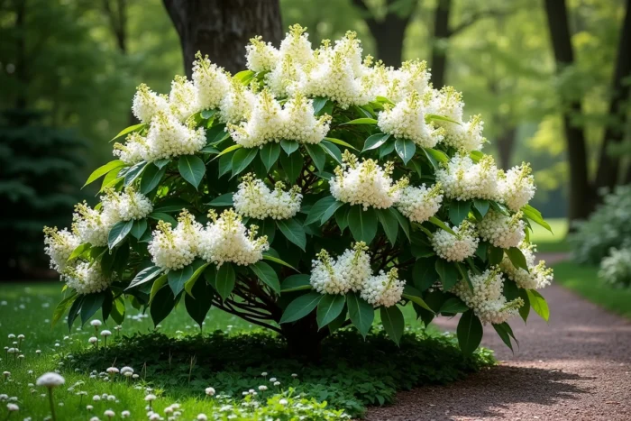 Cornus kousa en pleine floraison printanière avec ses bractées blanc crème en couches horizontales dans un jardin boisé