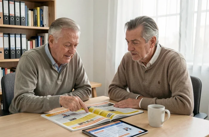 Couple cherchant des services locaux dans un annuaire pages jaunes imprimé et numérique à domicile