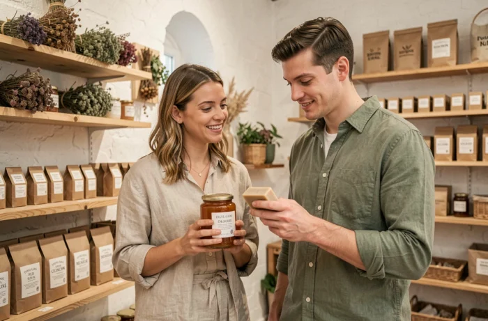Couple choisissant des produits artisanaux français dans une boutique de consommation responsable