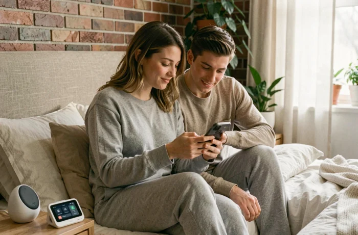 Couple consultant une application domotique sur smartphone dans une chambre cosy avec assistant vocal et thermostat connecté