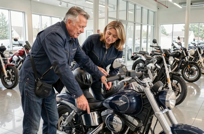 Couple de quinquagénaires choisissant une moto dans un concessionnaire moto moderne
