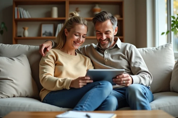 Couple consultant un comparateur de crédit en ligne sur une tablette dans leur salon