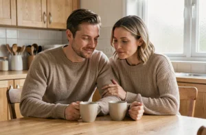 Couple d'une quarantaine d'années partageant un moment de complicité autour d'un café dans une cuisine chaleureuse, illustrant la solidité du lien conjugal face aux pressions extérieures.