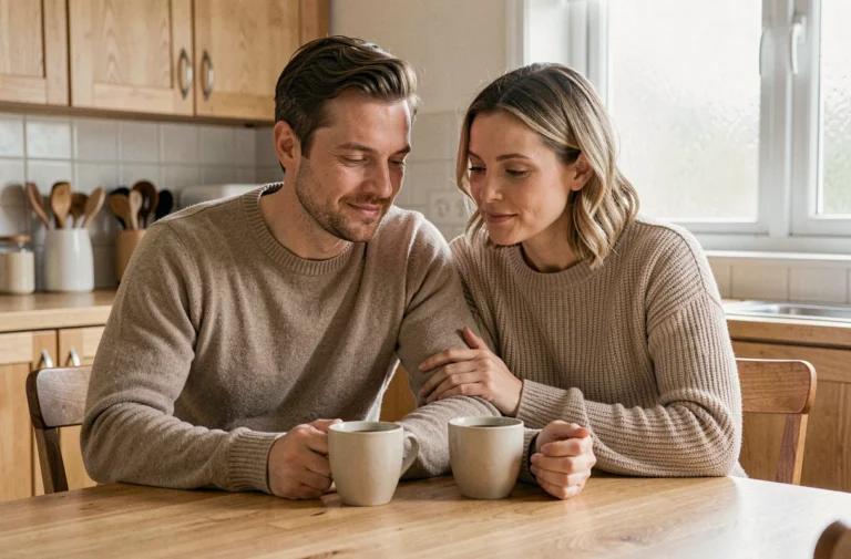 Couple d'une quarantaine d'années partageant un moment de complicité autour d'un café dans une cuisine chaleureuse, illustrant la solidité du lien conjugal face aux pressions extérieures.