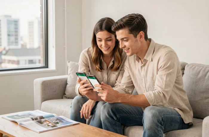 Couple consultant un projet immobilier ensemble sur smartphone dans une agence immobilière moderne et lumineuse