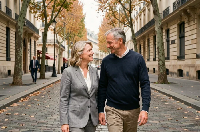 Couple discret et élégant se promenant dans une rue parisienne en automne, évoquant une vie privée épanouie loin des projecteurs