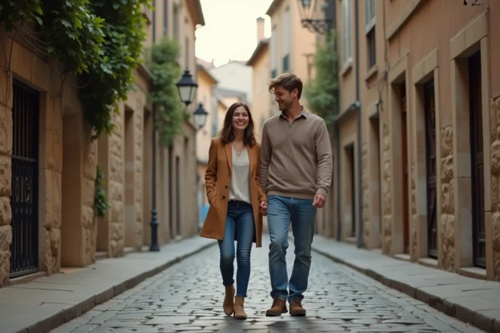 Couple discret se promenant dans une ruelle pavée, symbolisant une relation intime et préservée loin des projecteurs