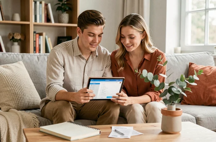 Jeune couple gérant ensemble leurs finances personnelles sur une tablette dans un salon de style scandinave