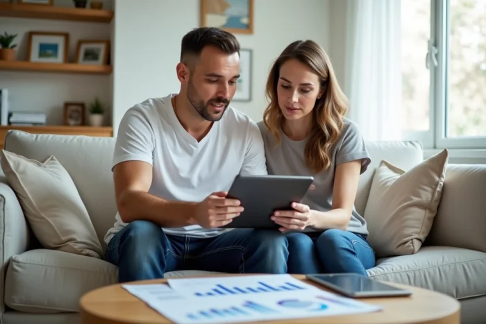 Couple à la maison consultant une plateforme d'investissement immobilier participatif sur une tablette numérique