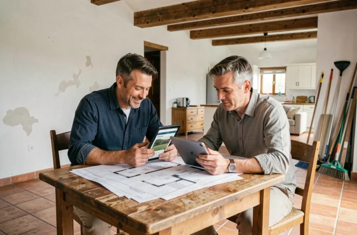 Couple d'investisseurs étudiant des plans architecturaux et des annonces immobilières dans un appartement rénové chaleureux