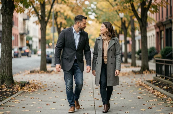 Un homme et une femme d'âge mûr marchant ensemble sur un trottoir parisien en automne, échangeant une conversation intime, symbole de communication et de confiance au sein du couple.