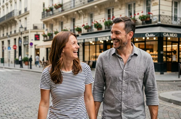 Couple complice marchant et riant ensemble dans une rue pavée parisienne, ambiance vie privée détendue et naturelle
