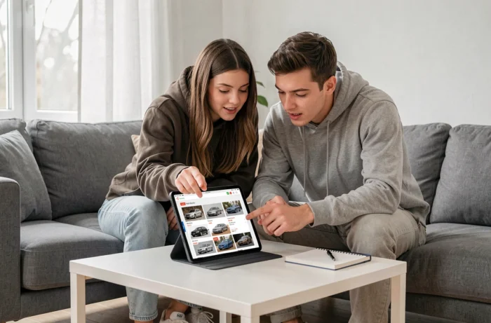 Couple cherchant ensemble leur future voiture sur une tablette via une plateforme spécialisée en ligne