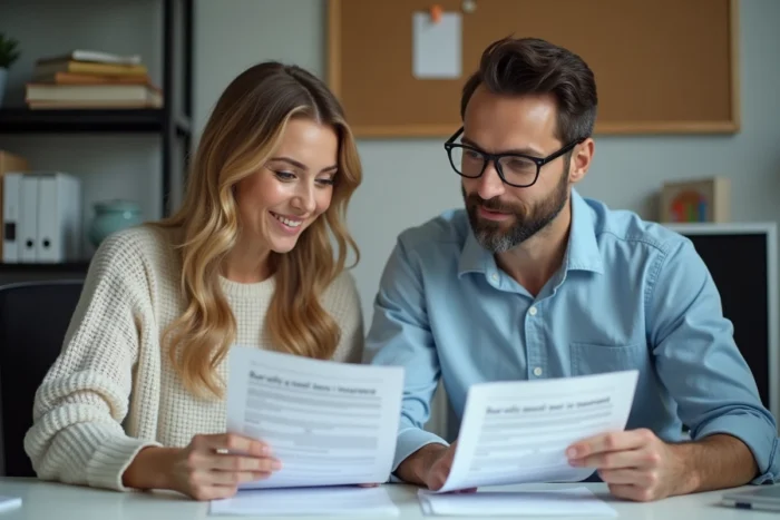 Couple étudiant ensemble les clauses d'un contrat d'assurance habitation avant souscription