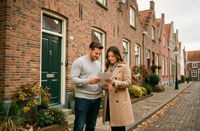 Couple visitant une maison de maître en briques rouges à Gand dans le cadre de leur projet d'achat immobilier en Belgique
