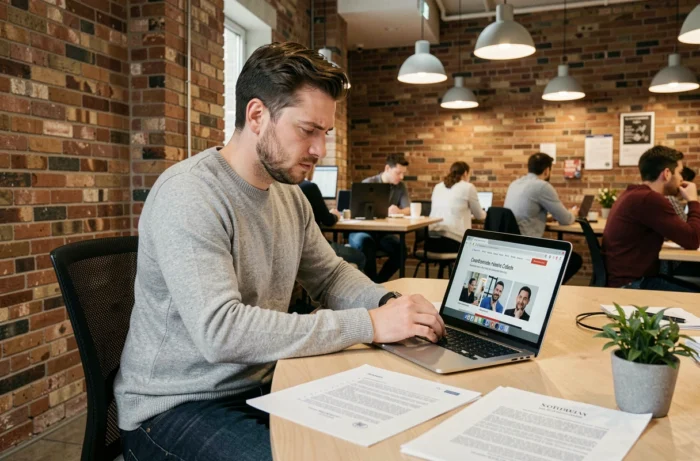Professionnel de la création digitale consultant des documents juridiques dans un espace de coworking