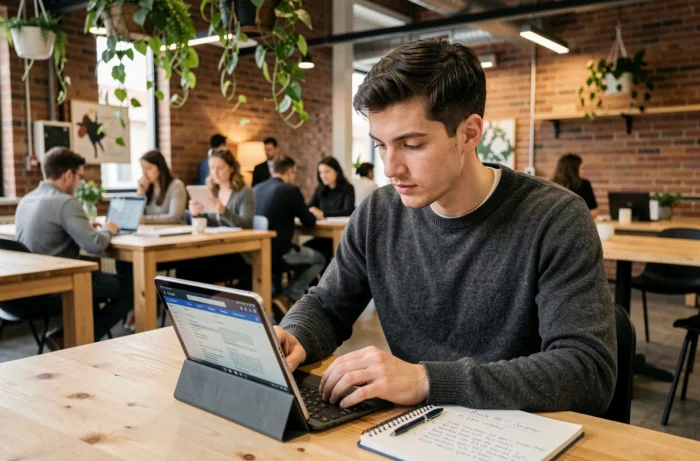 Jeune créateur indépendant révisant un contrat juridique en ligne dans un espace de co-working