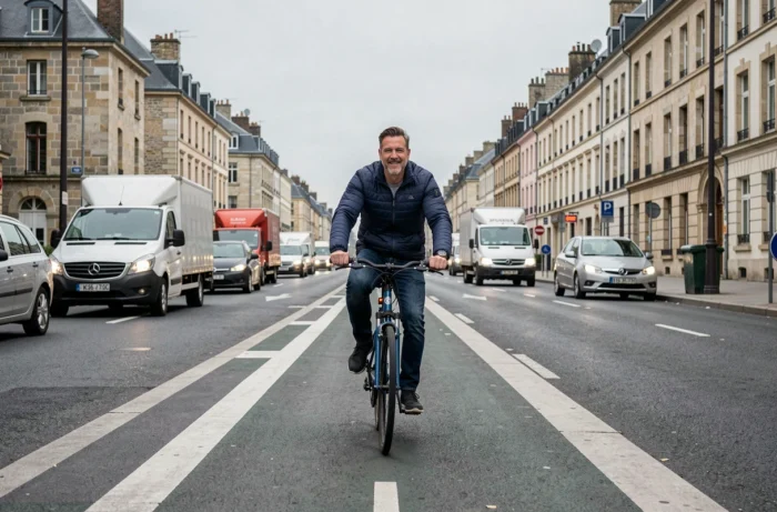 Cycliste homme sur une piste cyclable à Rennes contournant les embouteillages du centre-ville