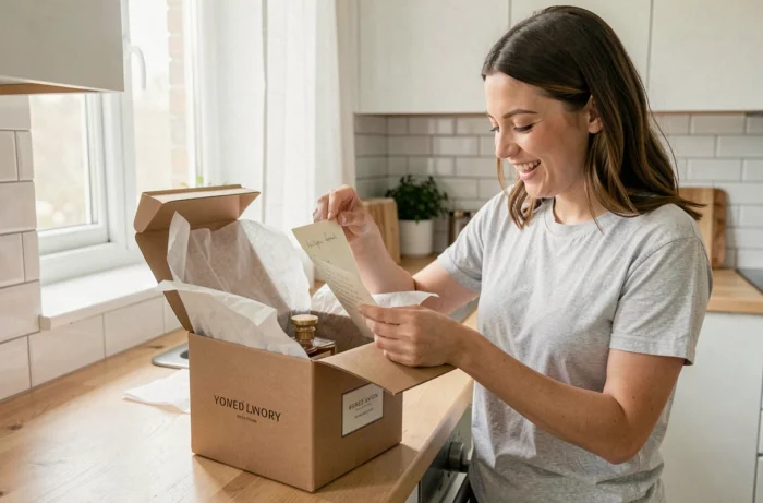 Femme déballant un colis de parfum commandé en ligne avec une note personnalisée dans une cuisine moderne