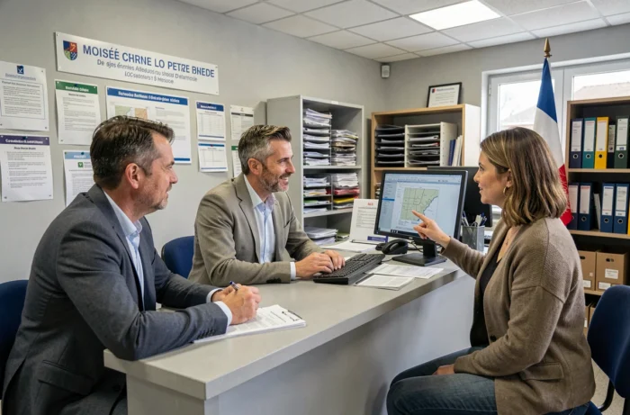 Deux personnes interrogeant un agent municipal pour obtenir des informations sur le propriétaire d'une parcelle