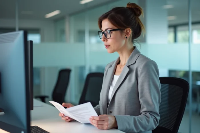 Femme en blazer consultant une liste de dépannage face à une erreur de connexion sur un écran d'ordinateur de bureau