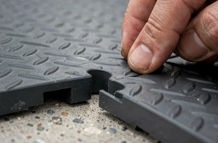Gros plan sur le système d'emboîtement clipsable d'une dalle PVC pour garage