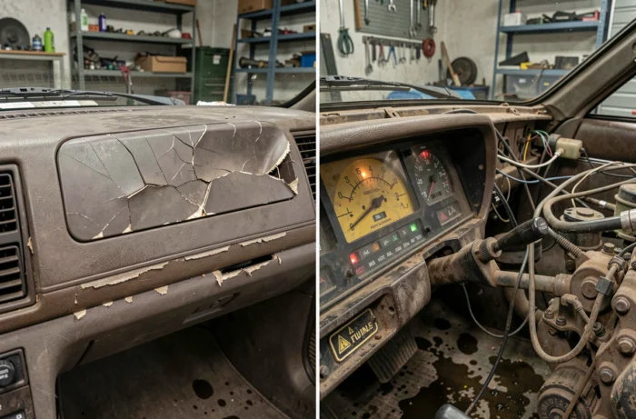 Gros plan sur un tableau de bord fissuré et un compartiment moteur corrodé d'une vieille voiture d'occasion en mauvais état