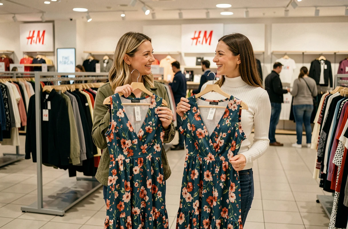 Deux femmes comparant des robes en différentes tailles dans un magasin H&M pour trouver la coupe idéale