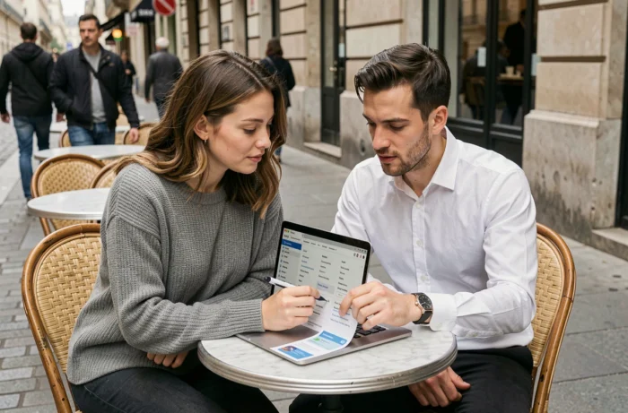 Deux personnes explorant le plan de site d'une plateforme immobilière sur un laptop en terrasse de café