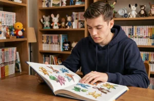 Jeune homme consultant un encyclopédie illustrée des Pokémon commençant par la lettre M, assis à un bureau en bois entouré de figurines de collection