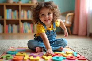 Petite fille apprenant l'alphabet avec des lettres en bois colorées sur un tapis de jeu à la maison
