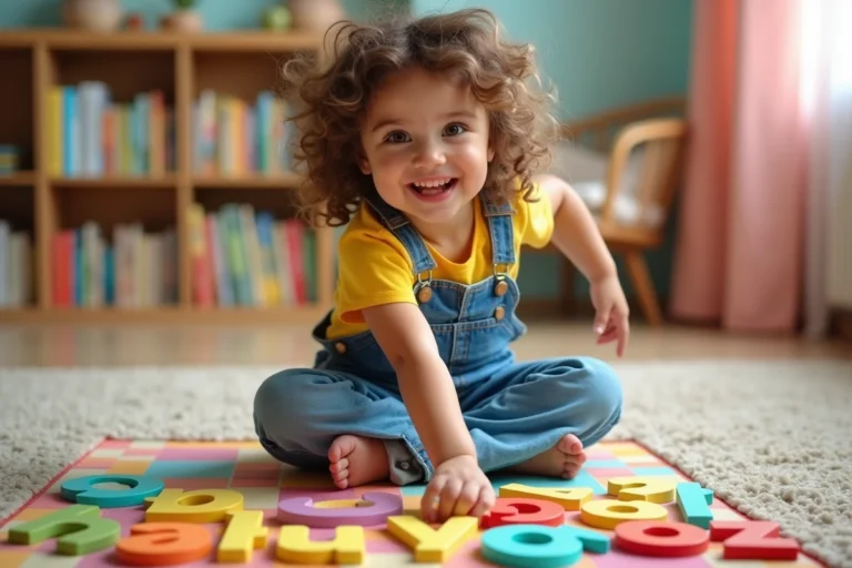 Petite fille apprenant l'alphabet avec des lettres en bois colorées sur un tapis de jeu à la maison