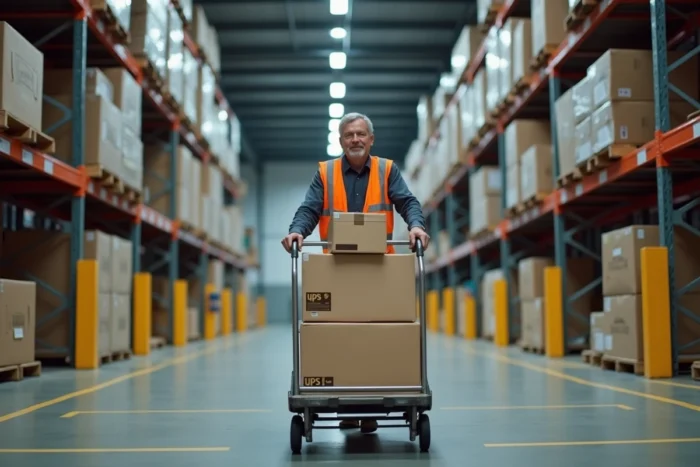 Employé logistique triant des colis dans le centre de distribution UPS de Corbeil-Essonnes