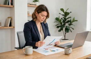 Femme entrepreneur travaillant seule sur sa stratégie de développement commercial à son bureau à domicile