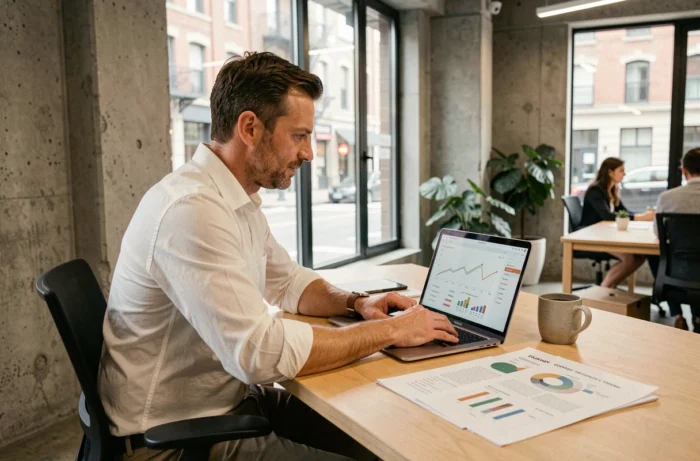 Entrepreneur analysant les tendances du commerce en ligne sur ordinateur portable dans un espace de coworking