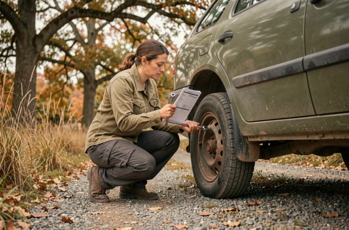 Femme effectuant la maintenance du train arrière d'une Peugeot P4 surplus militaire en extérieur