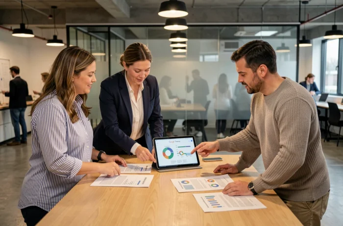 Équipe de professionnels analysant des rapports de tendances Google dans un espace de coworking moderne