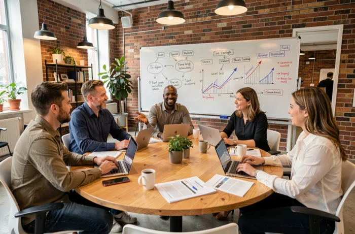 Équipe de professionnels collaborant sur des stratégies d'innovation dans un espace de coworking contemporain
