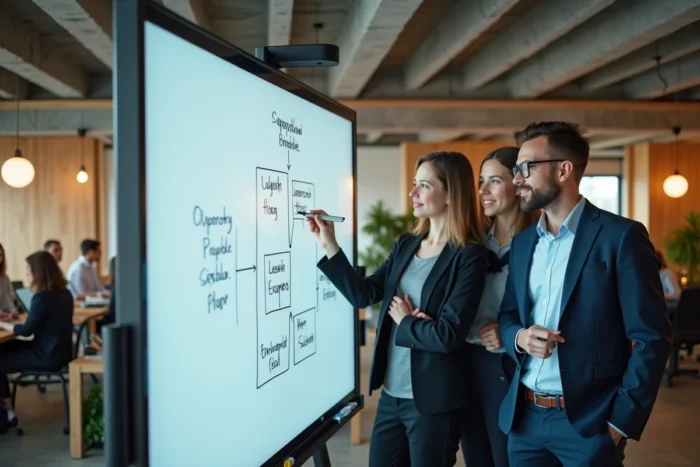Équipe de professionnels élaborant un organigramme de structure OpCo-PropCo sur tableau numérique dans un bureau moderne, illustrant la séparation des entités opérationnelles et immobilières