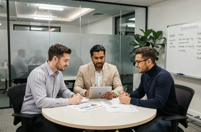 Équipe de professionnels collaborant autour d'une table en salle de réunion moderne pour développer leur stratégie de business en ligne