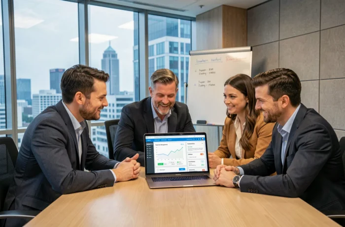 Équipe en réunion analysant un tableau de bord de gestion des notes de frais en entreprise sur ordinateur portable