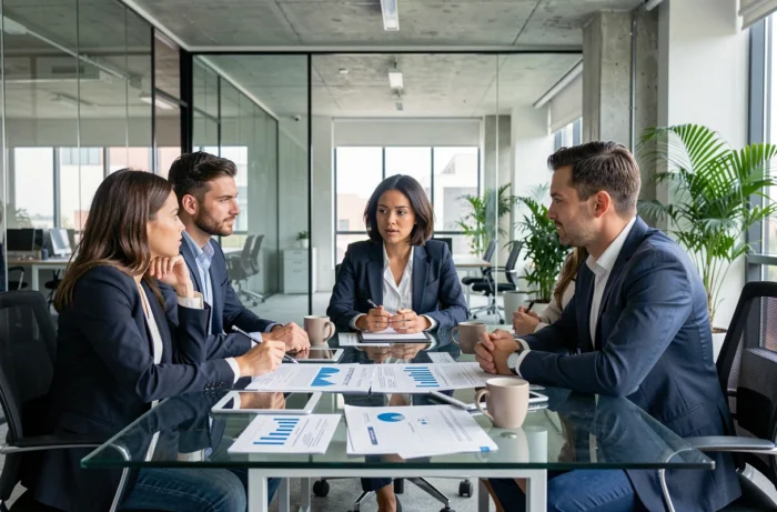 Équipe d'entreprise discutant de stratégies d'optimisation fiscale autour d'une table de conférence en verre avec des rapports financiers