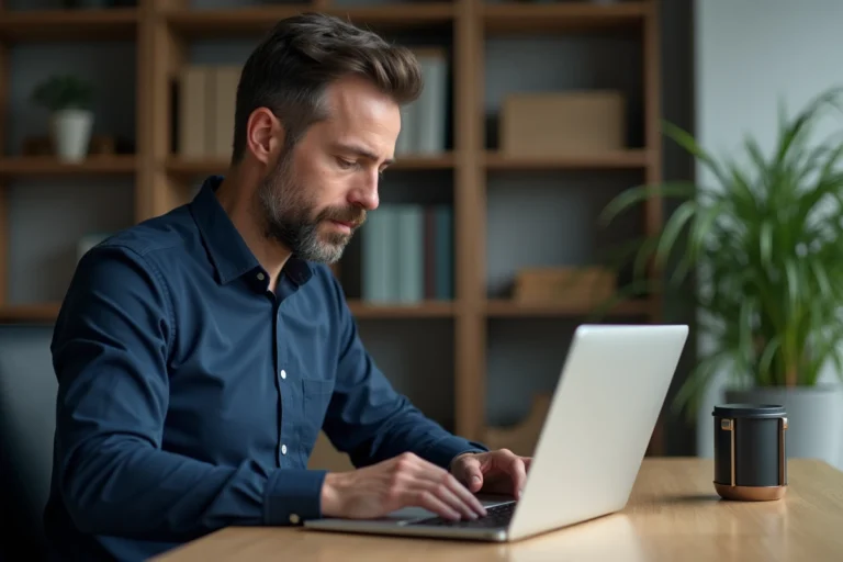 Homme assis à un bureau en bois regardant un message d'erreur de connexion sur son ordinateur portable